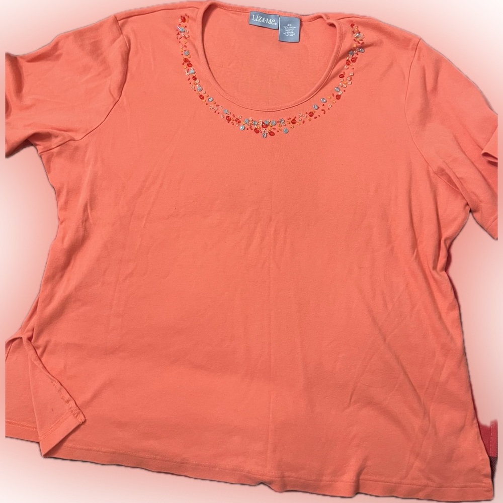 Liz & Me Coral Embroidered Short Sleeve Tee